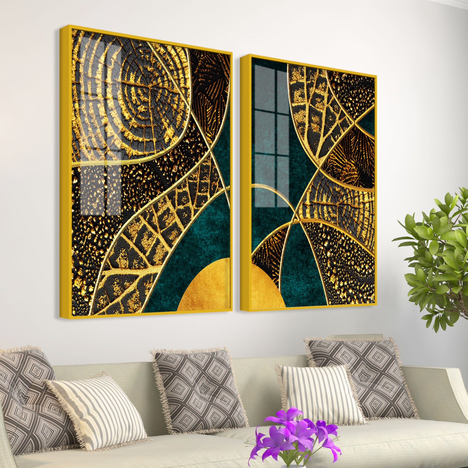 Modern Art of Golden Crystal Textured Acrylic Art Floating Wall Painting Set of 2