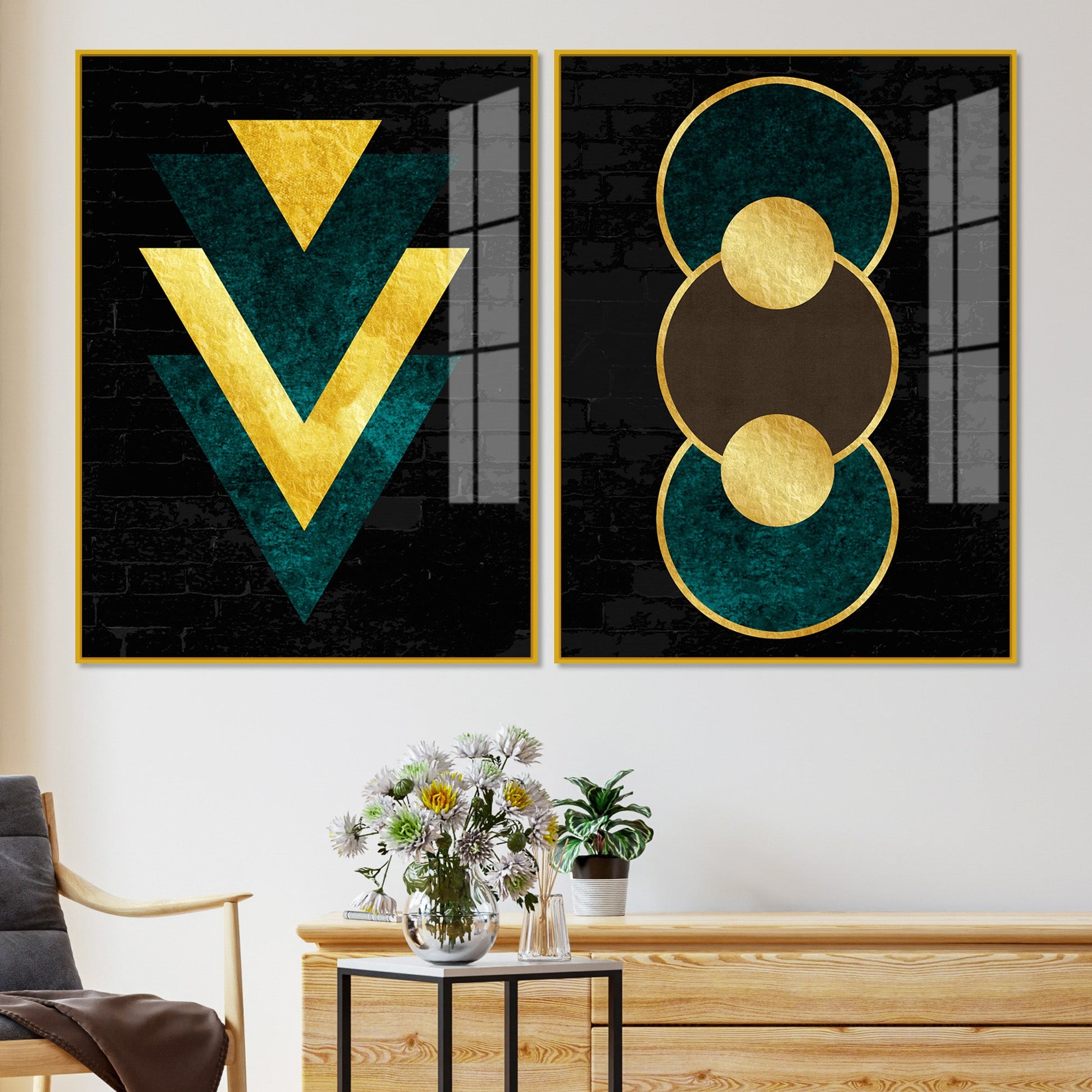 Modern Artistic Geometric Shapes Acrylic Floating Wall Painting Set Of 2