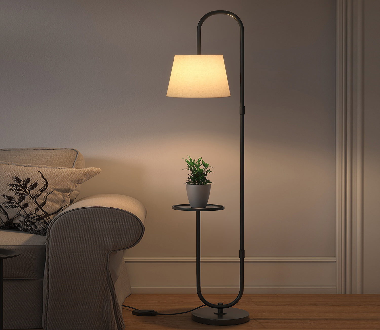 Modern Black Metal Finish Curved Floor Lamp Standing with Table Shelf