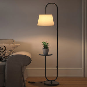 Modern Black Metal Finish Curved Floor Lamp Standing with Table Shelf