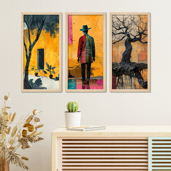 Modern Colorful Artistic Art Wooden Wall Frame Set of Three