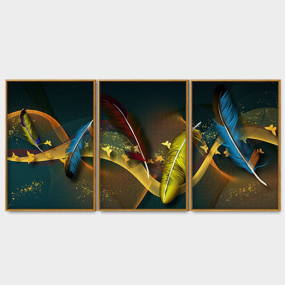 Modern Feathers and Butterflies Premium Floating Canvas Wall Painting Set of Three