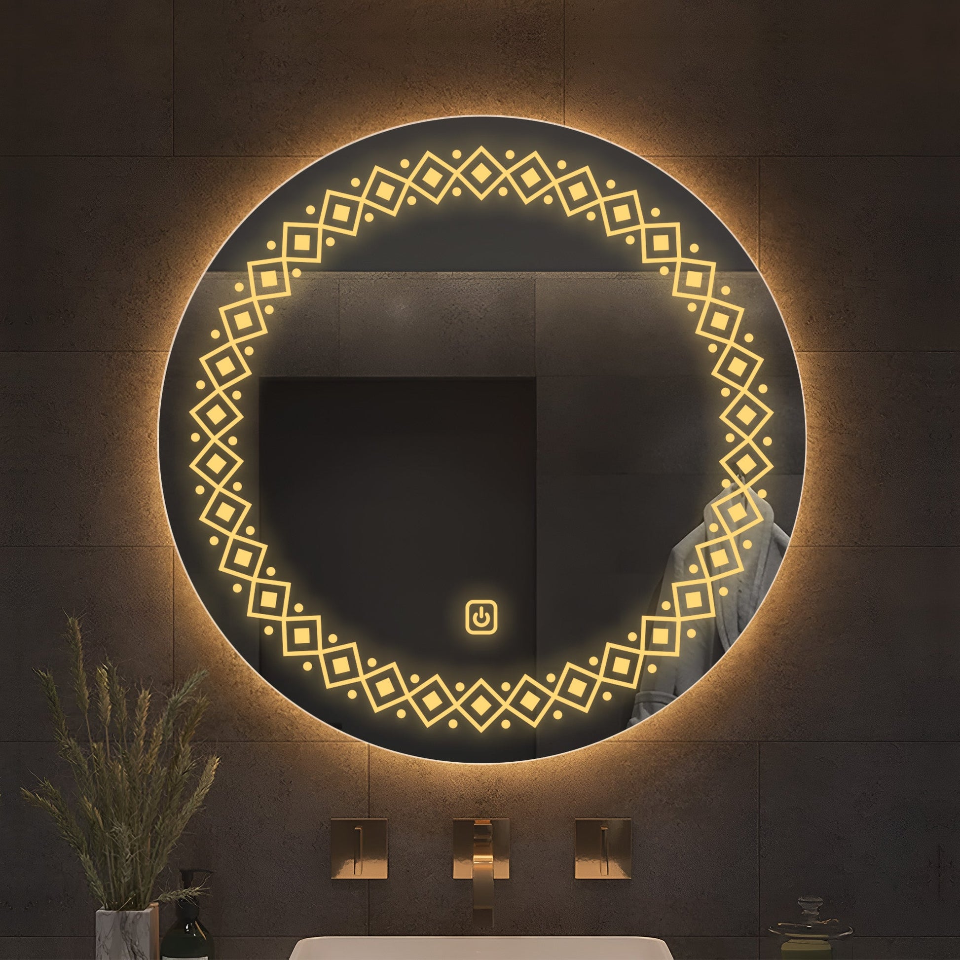 Modern Floral Pattern Art LED Rounded Shape Bathroom Wall Mirror