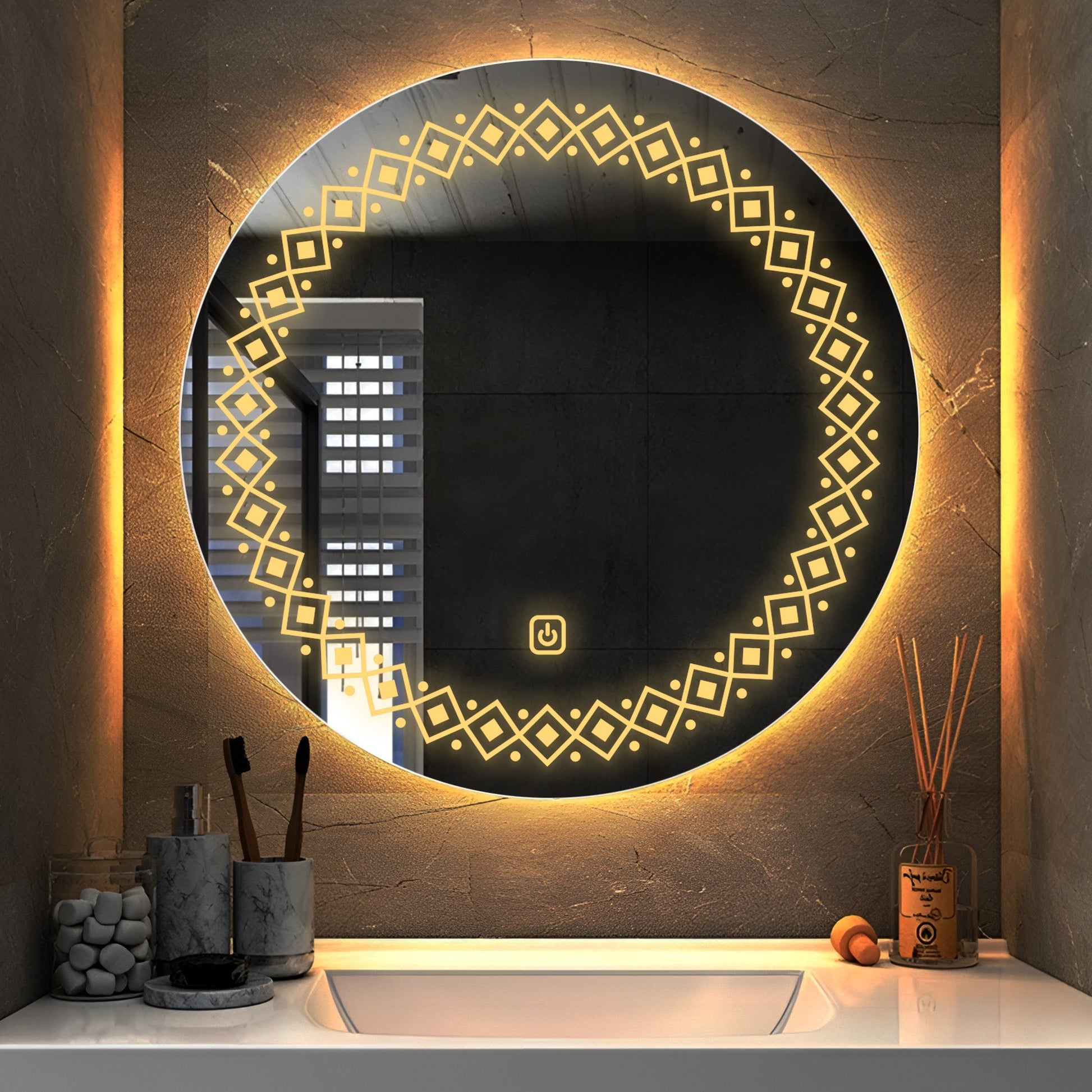 Modern Floral Pattern Art LED Rounded Shape Bathroom Wall Mirror