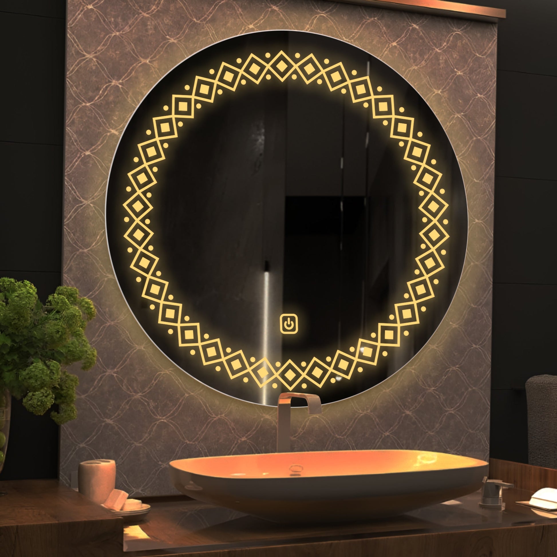 Modern Floral Pattern Art LED Rounded Shape Bathroom Wall Mirror