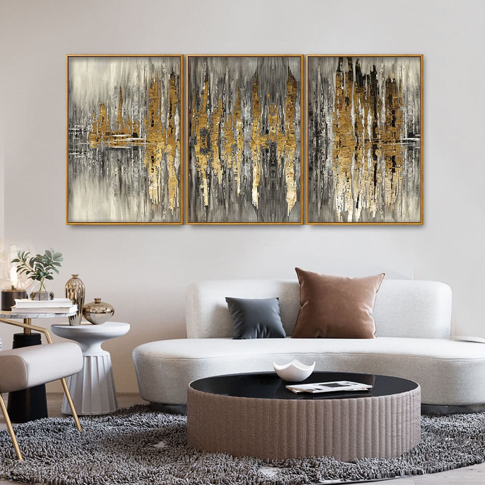 Modern Golden Abstract Design Premium Floating Canvas Wall Painting Set of Three