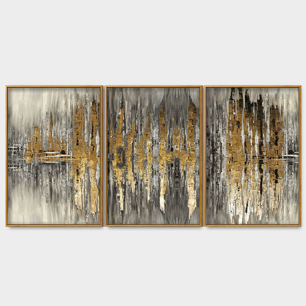 Modern Golden Abstract Design Premium Floating Canvas Wall Painting Set of Three