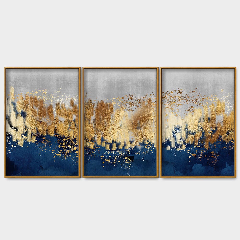 Modern Golden Art Textured Design Premium Floating Canvas Wall Painting Set of Three