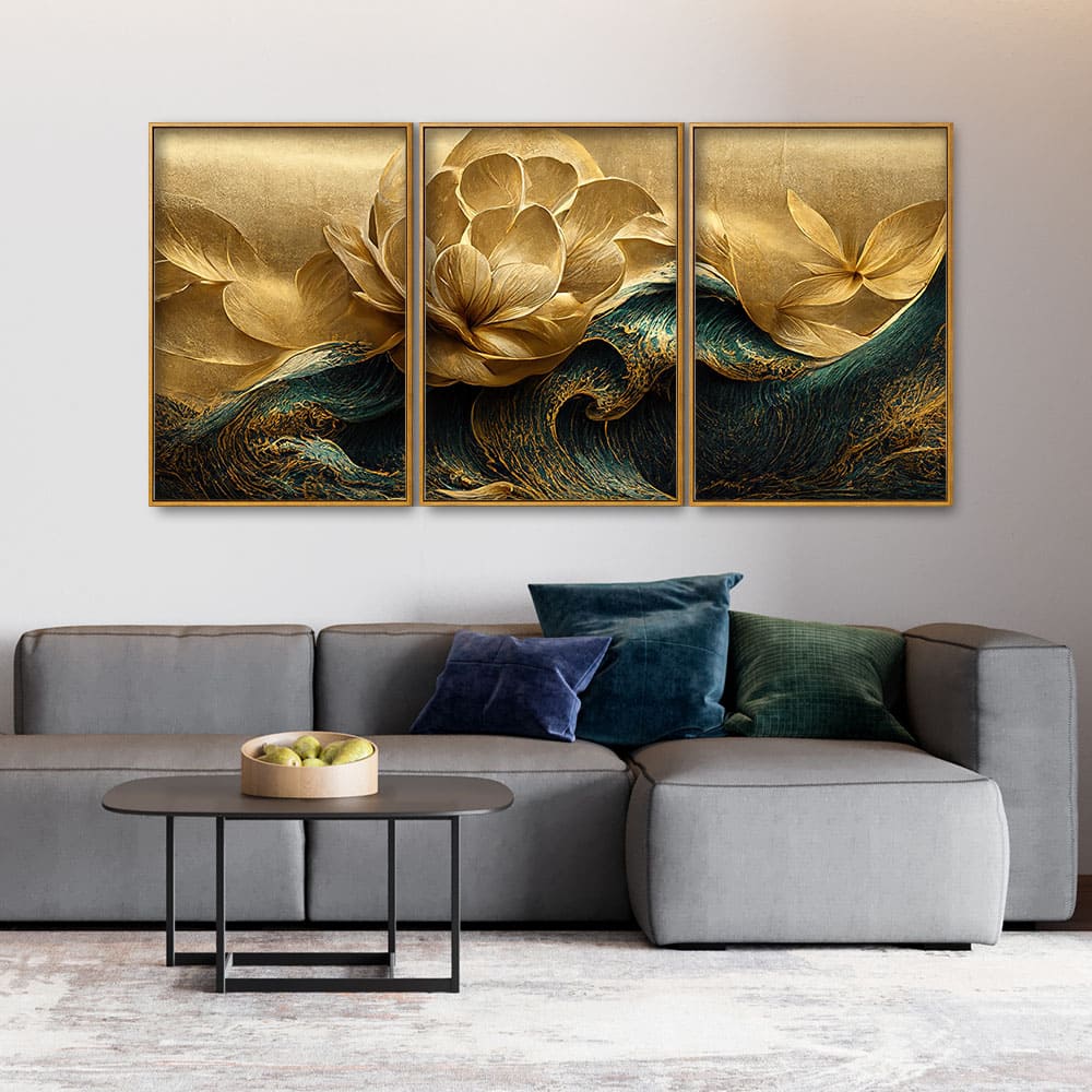 Modern Golden Flower and Waves Floating Canvas Wall Painting Set of Three