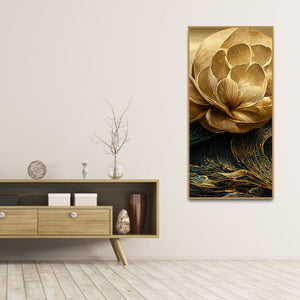 Modern Golden Flower and Waves Premium Canvas Wall Painting