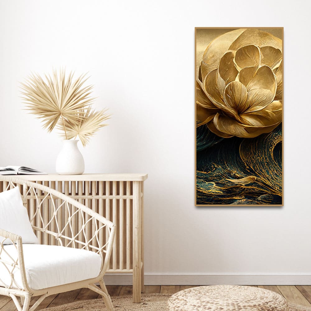 Modern Golden Flower and Waves Premium Canvas Wall Painting