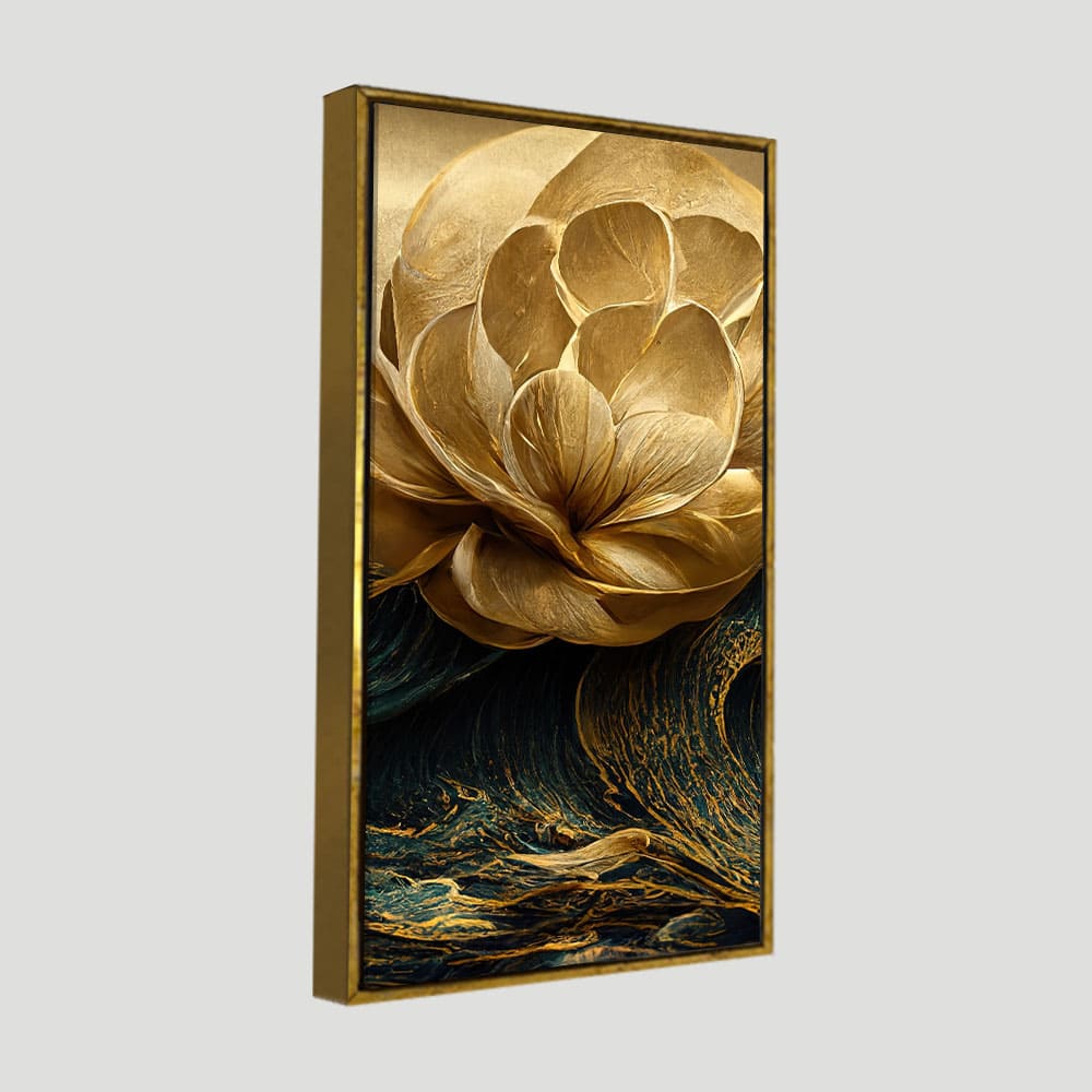 Modern Golden Flower and Waves Premium Canvas Wall Painting