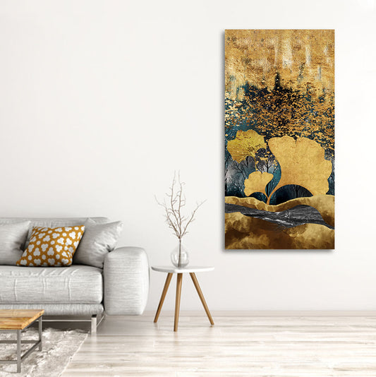 Modern Golden Ginkgo Leaves with Mountains Premium Canvas Wall Painting