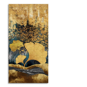 Modern Golden Ginkgo Leaves with Mountains Premium Canvas Wall Painting