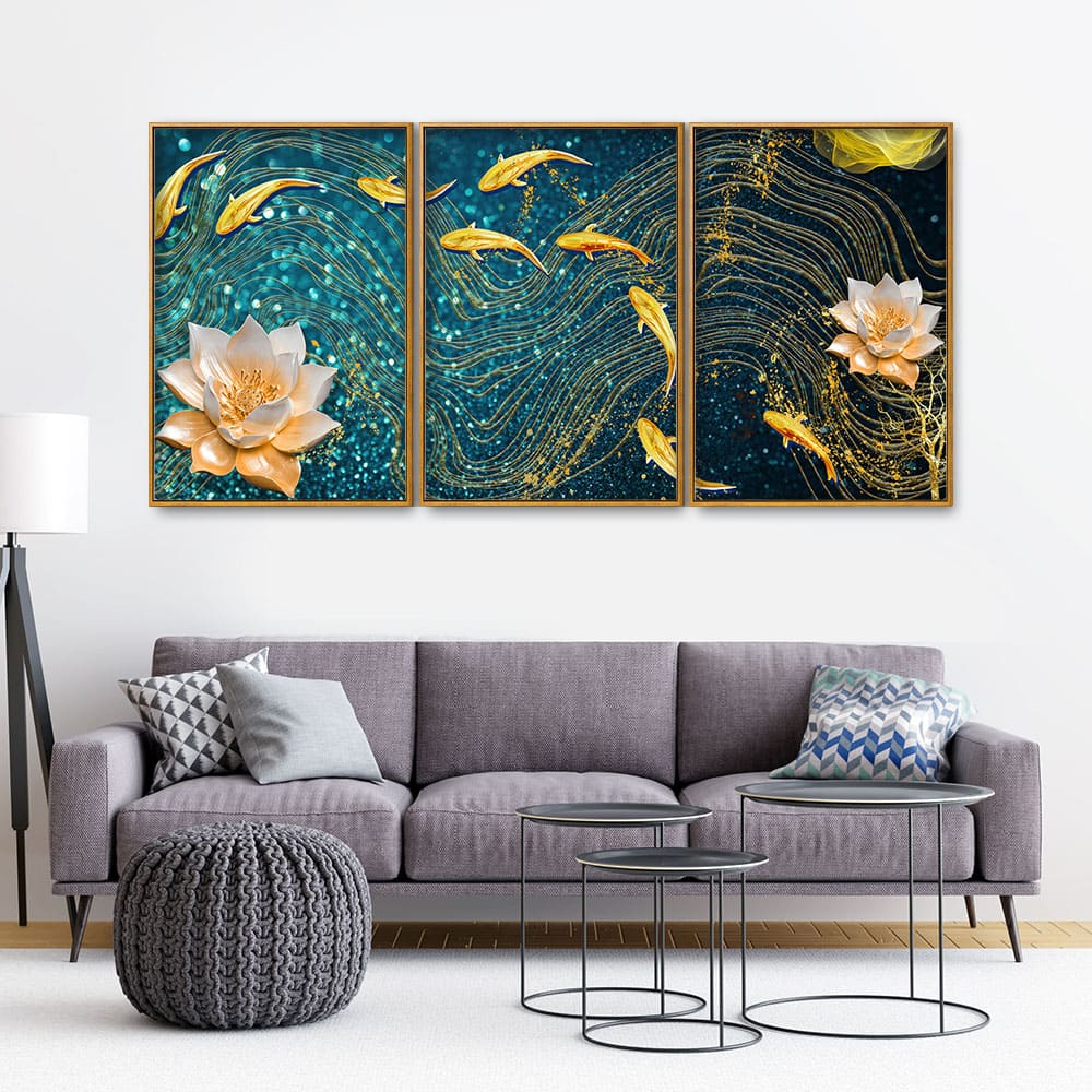 Modern Golden Lotus with koi Fish Abstract Floating Canvas Wall Painting Set of Three