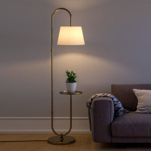 Modern Golden Metal Finish Curved Floor Lamp Standing with Table Shelf