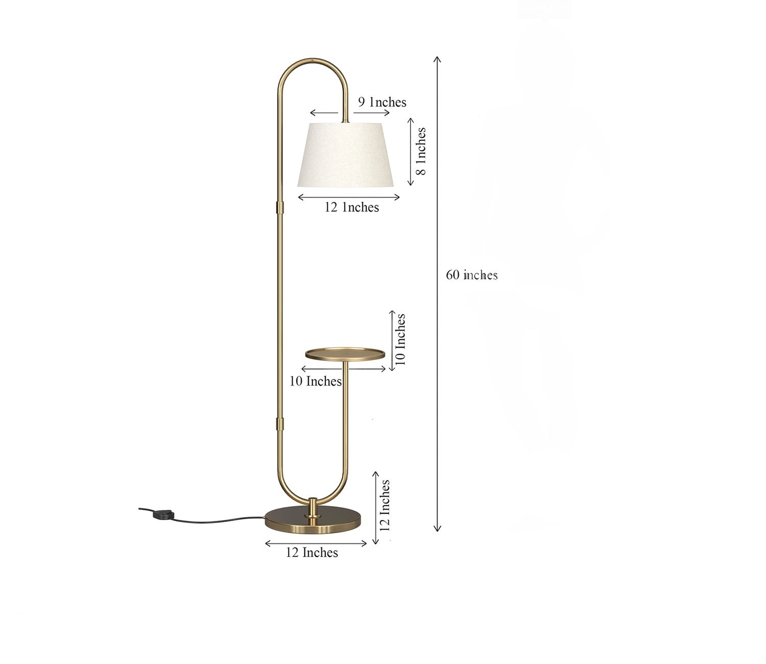 Modern Golden Metal Finish Curved Floor Lamp Standing with Table Shelf