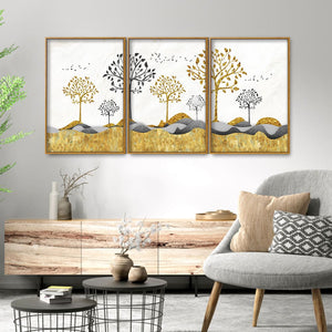 Modern Golden Tree Art Premium Floating Canvas Wall Painting Set of Three