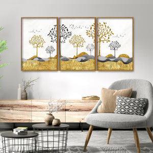 Modern Golden Tree Art Premium Floating Canvas Wall Painting Set of Three