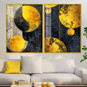 Modern Luxurious Golden Shapes Acrylic Floating Wall Painting Set Of 2