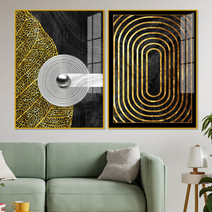 Modern Nordic Black and Golden Acrylic Floating Wall Painting Set Of 2