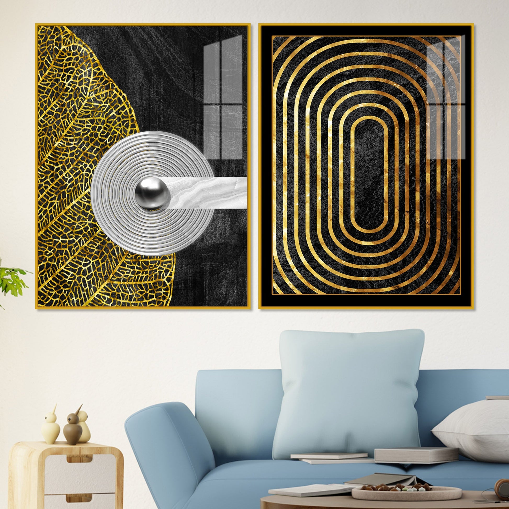 Modern Nordic Black and Golden Acrylic Floating Wall Painting Set Of 2