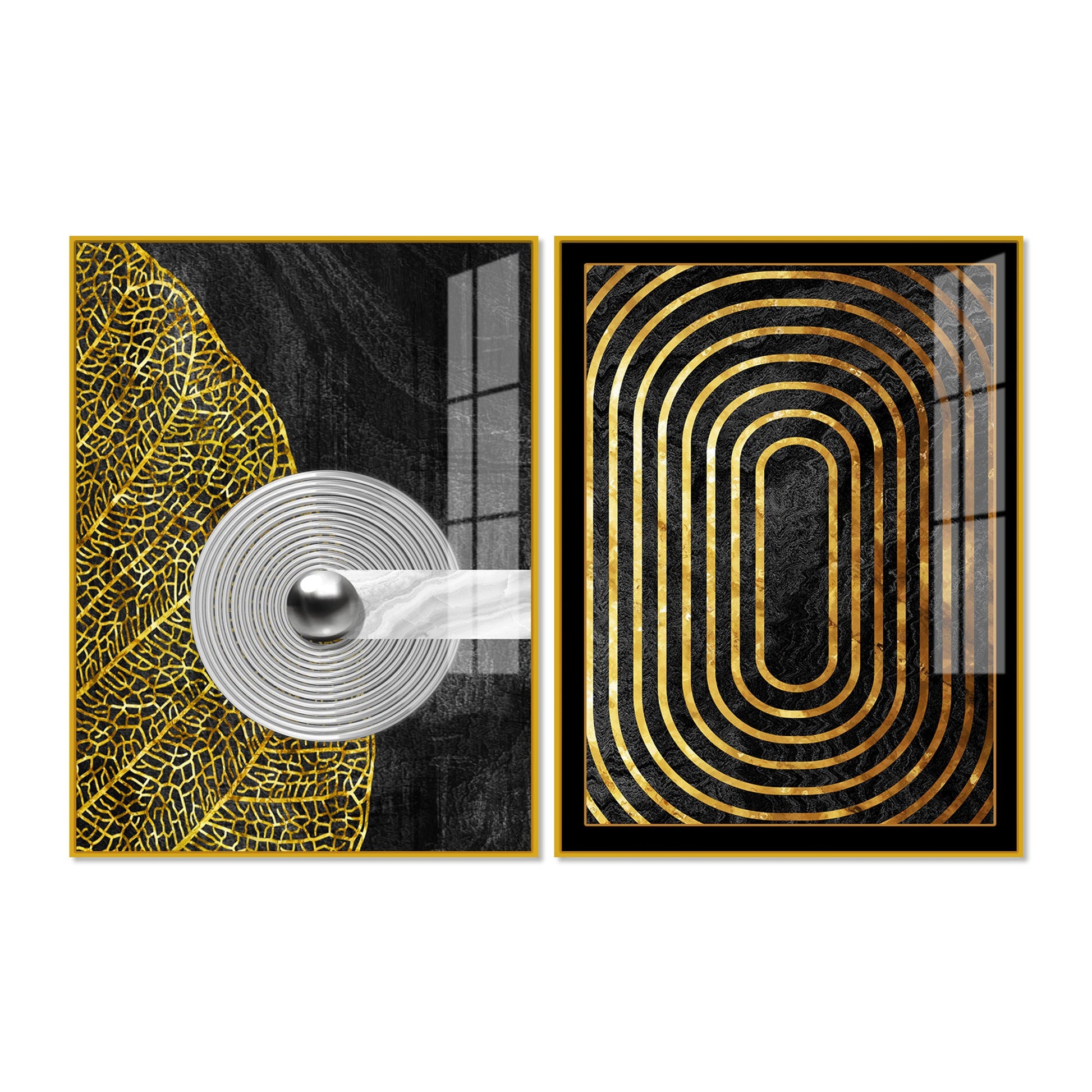 Modern Nordic Black and Golden Acrylic Floating Wall Painting Set Of 2