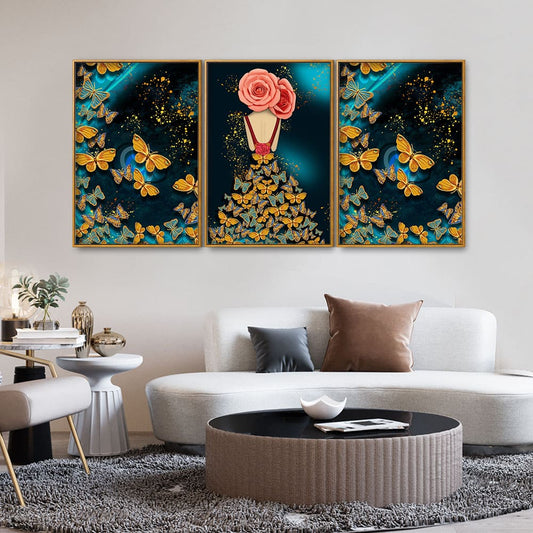 Modern Style Abstract Girl with Colorful Butterflies Floating Canvas Wall Painting Set of Three