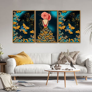 Modern Style Abstract Girl with Colorful Butterflies Floating Canvas Wall Painting Set of Three