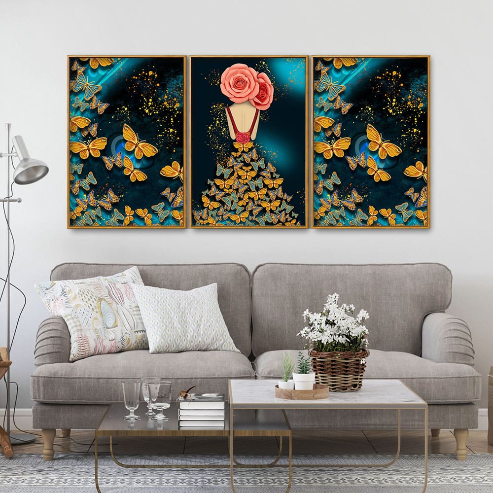 Modern Style Abstract Girl with Colorful Butterflies Floating Canvas Wall Painting Set of Three