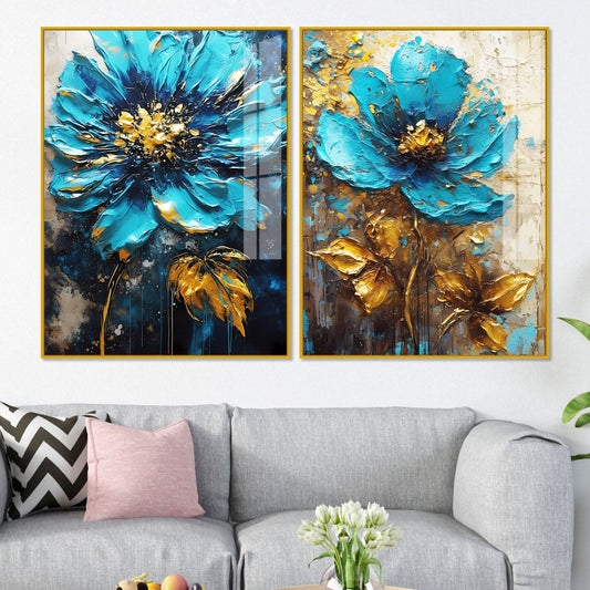 Modern Textural Blue Flower Artistic Acrylic Floating Wall Painting Set Of 2