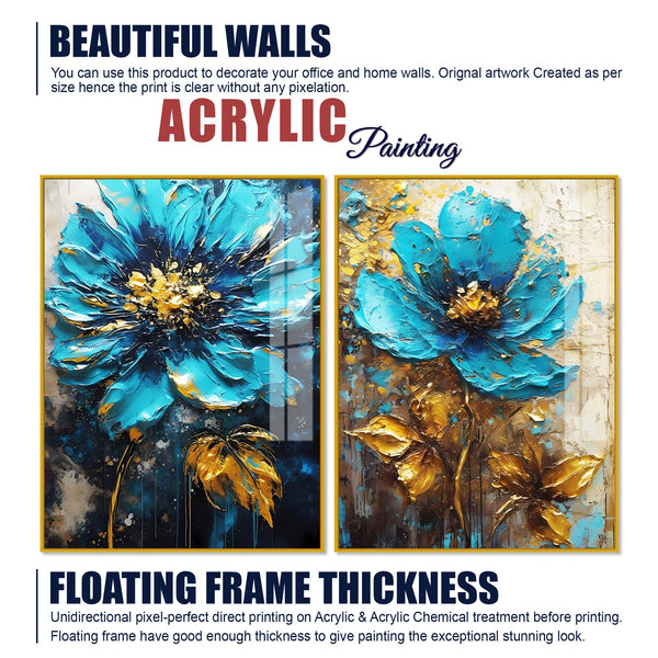 Modern Textural Blue Flower Artistic Acrylic Floating Wall Painting Set Of 2