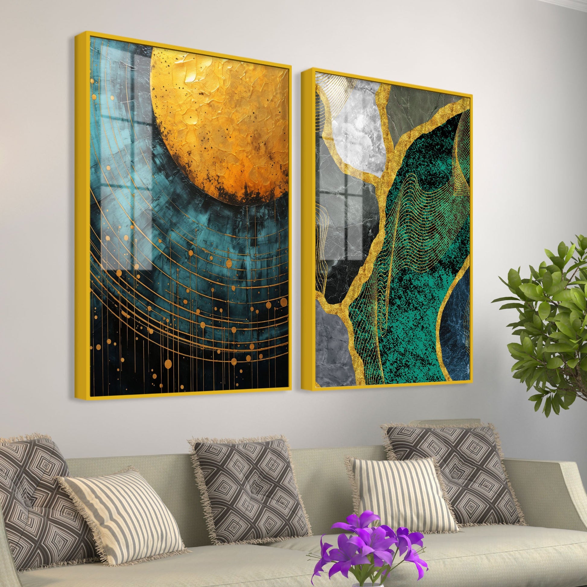 Modern Turquoise Artistic Art Acrylic Floating Wall Painting Set Of 2