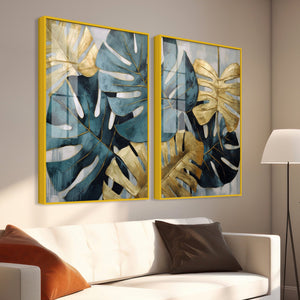 Monstera Leaves Acrylic Floating Wall Painting Set of 2