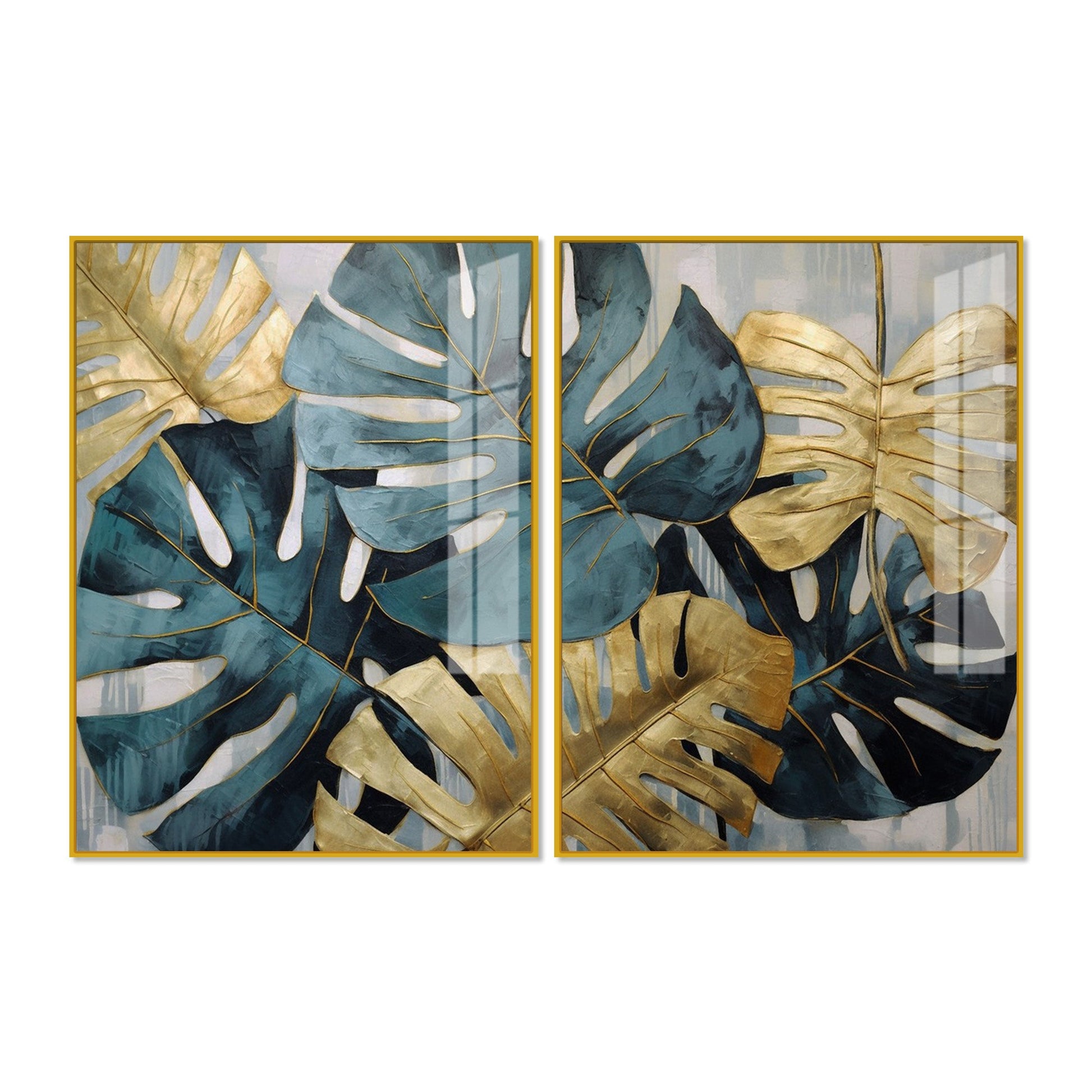 Monstera Leaves Acrylic Floating Wall Painting Set of 2