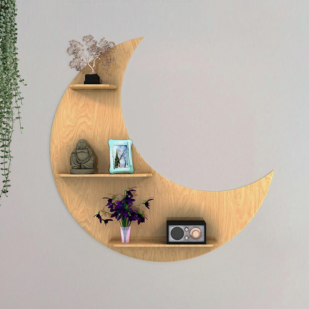 Moon Backlit Designer Wooden Wall Shelf / Book Shelf, Oak Finish