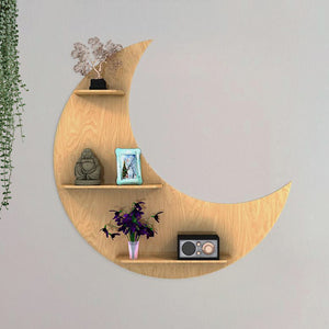 Moon Backlit Designer Wooden Wall Shelf / Book Shelf, Oak Finish