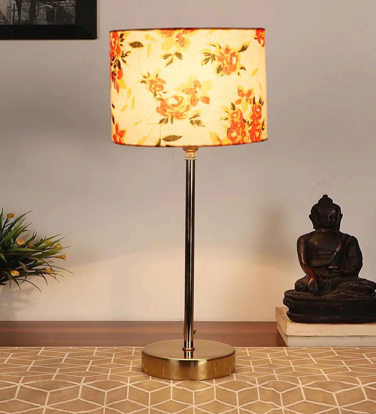 Multicolor Solid Traditional Bedside Table Lamp with Golden Finish Base