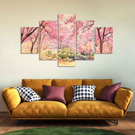 Nature Forest Pink Flower Wall Painting of Five Pieces