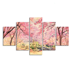 Nature Forest Pink Flower Wall Painting of Five Pieces