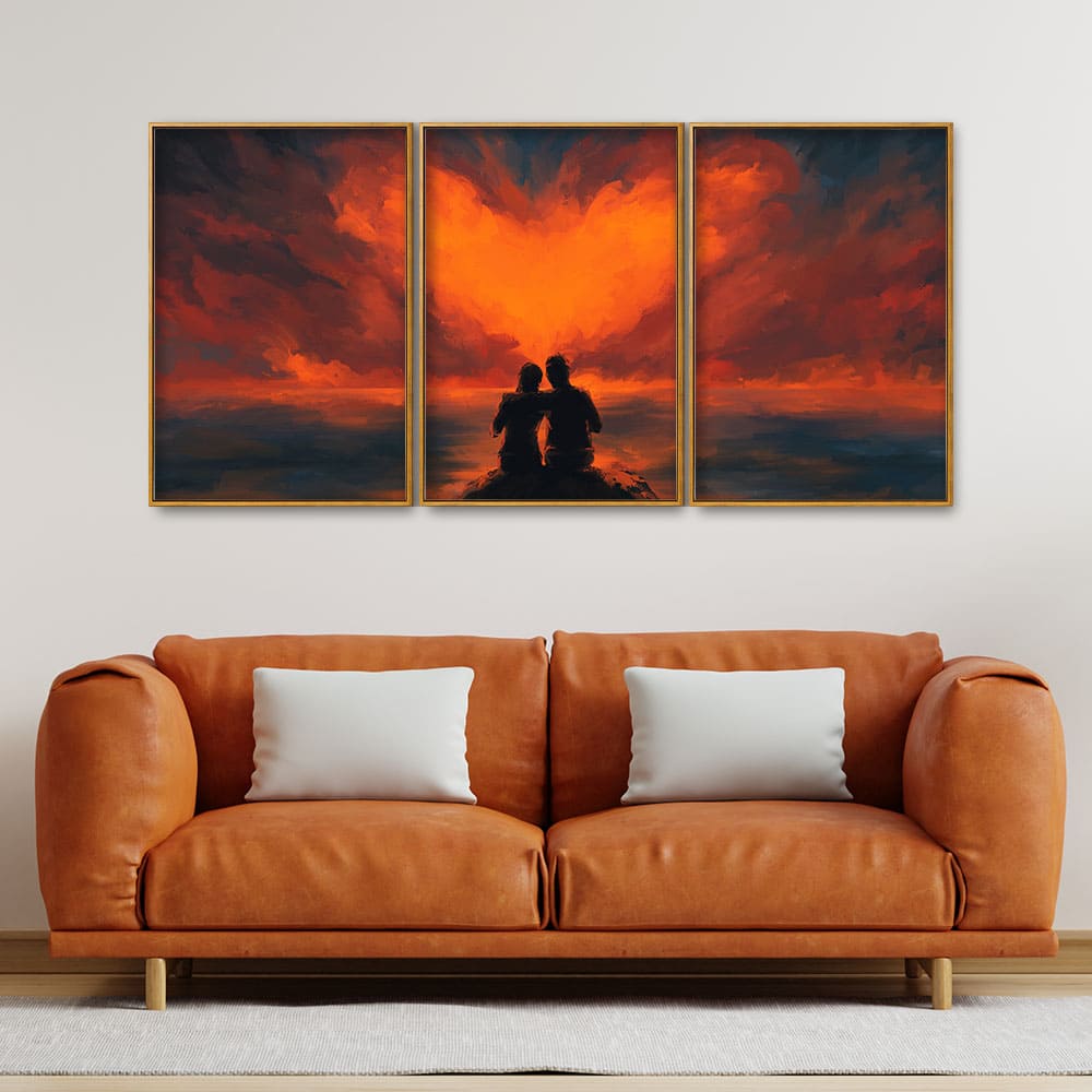 Couple Sitting Under Heart Shaped Clouds Premium Floating Canvas Wall Painting Set of Three