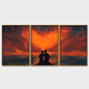 Couple Sitting Under Heart Shaped Clouds Premium Floating Canvas Wall Painting Set of Three