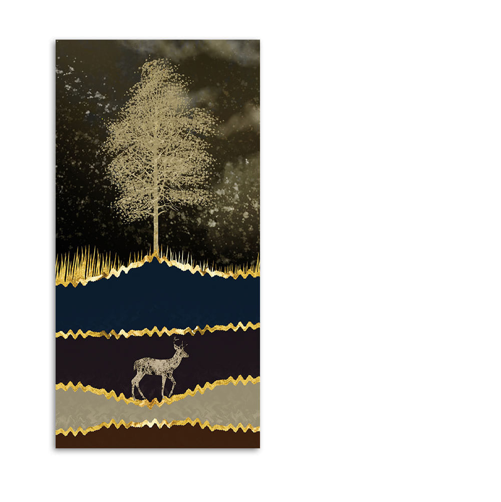 Night Landscape with Blue and golden Deer Premium Canvas Wall Painting