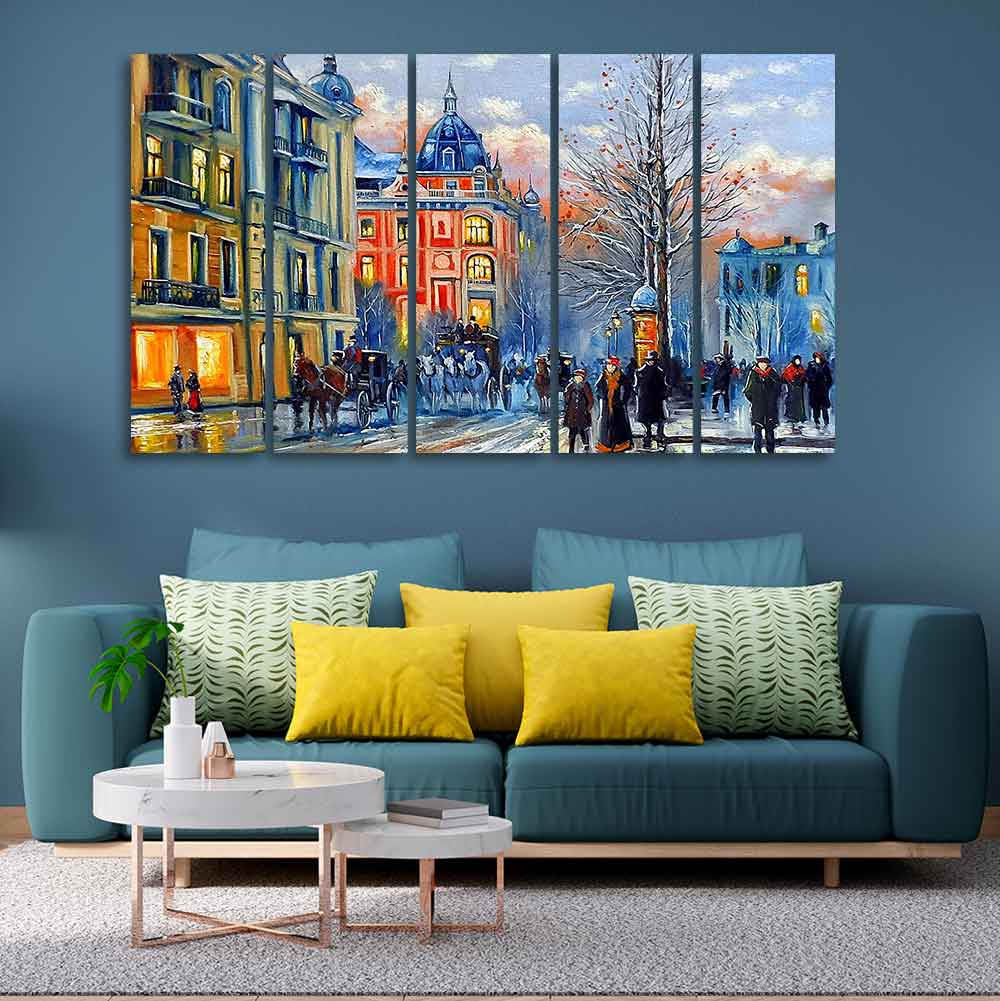 Old City in Winters Canvas Five Pieces Wall Painting