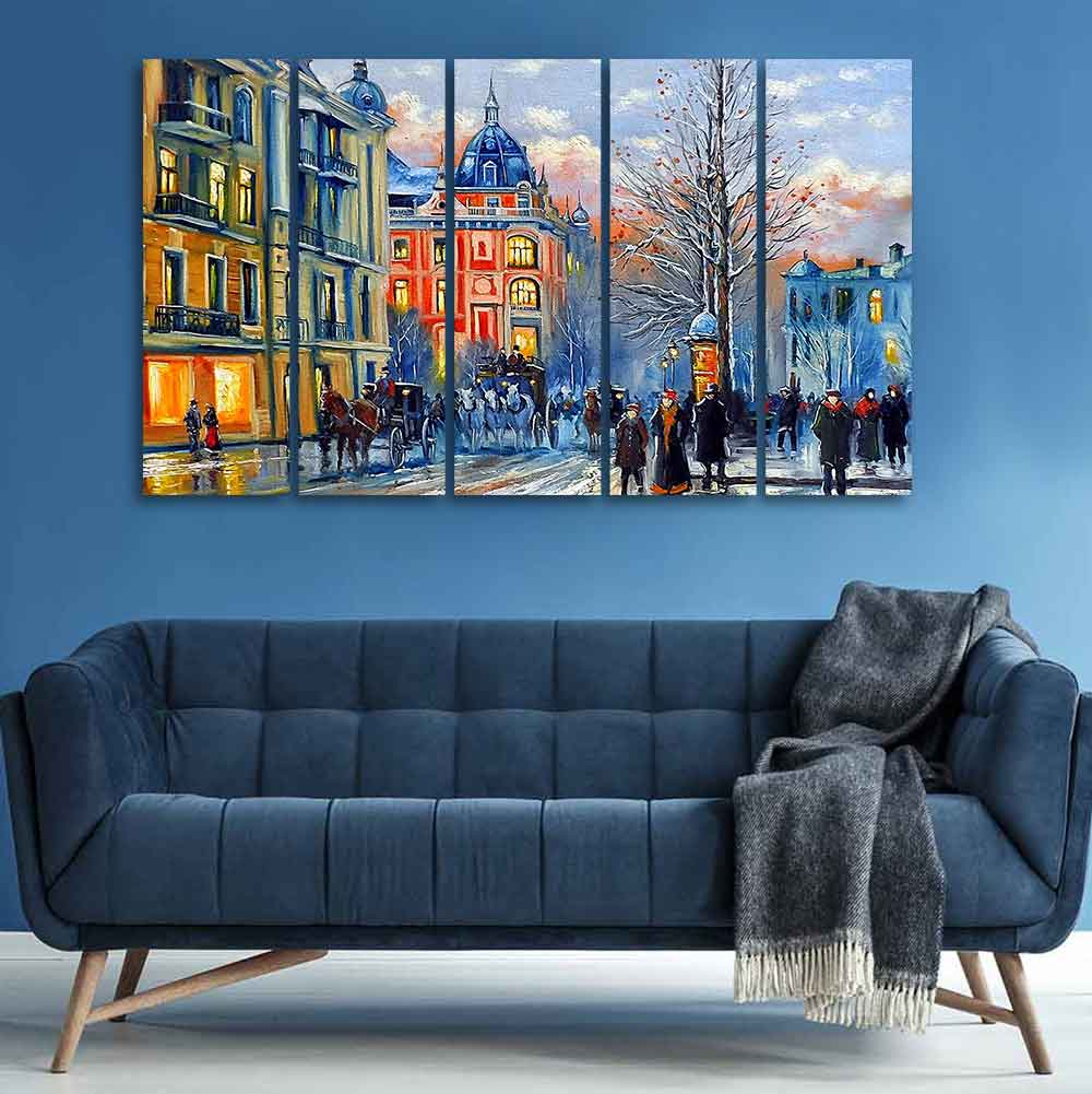 Old City in Winters Canvas Five Pieces Wall Painting