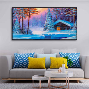 Old Hut in the Winter Forest Canvas Wall Painting