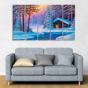 Old Hut in the Winter Forest Canvas Wall Painting of Five Pieces