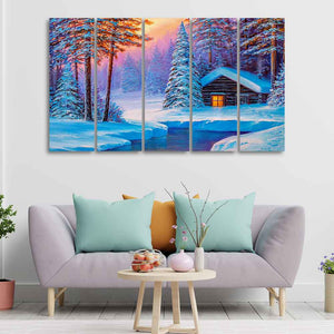 Old Hut in the Winter Forest Canvas Wall Painting of Five Pieces