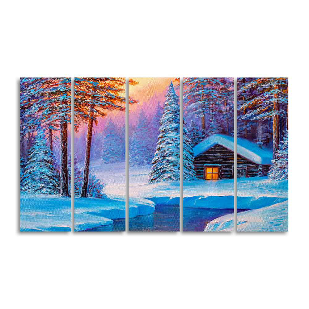 Old Hut in the Winter Forest Canvas Wall Painting of Five Pieces