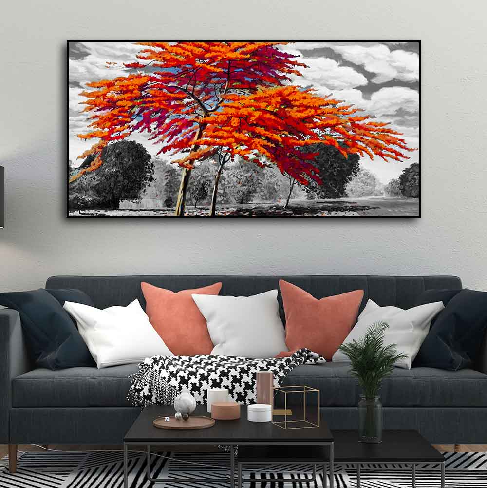 Orange Color Peacock Flowers Tree Premium Wall Painting